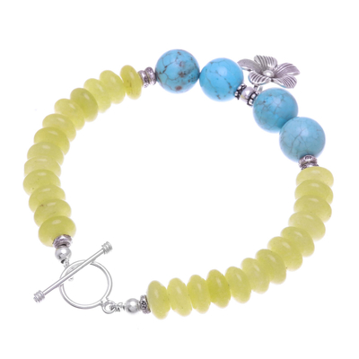 Agate beaded charm bracelet, 'Daisy in the Sunshine' - Yellow Agate Bracelet with Hill Tribe Silver Flower Charm