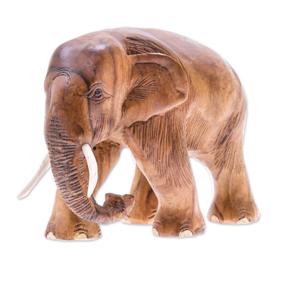 Hand-Carved Teak Wood Elephant Sculpture from Thailand