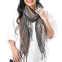 Hand woven cotton scarf, 'Bangkok Stripe in Brown' - Hand Woven and Dyed Cotton Scarf in Browns