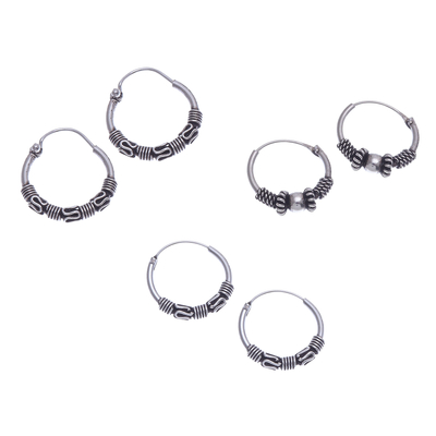 Traditional Thai Sterling Silver Hoop Earrings (Set of 3)