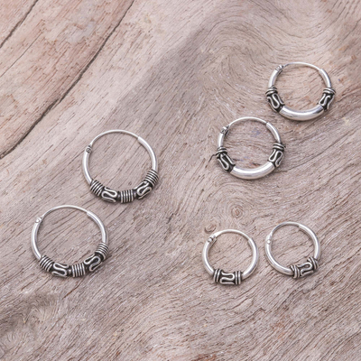Sterling silver hoop earrings, 'Thai Tradition' (set of 3) - Wave Pattern Sterling Silver Hoop Earrings (Set of 3)