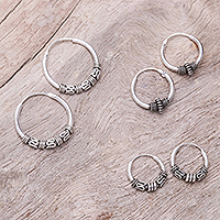 Sterling silver hoop earrings, Thai Intricacy (set of 3)