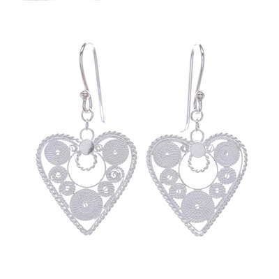Heart-Shaped Sterling Silver Filigree Dangle Earrings