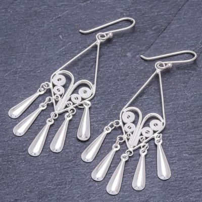 Sterling silver filigree chandelier earrings, 'Diamond Fountains' - Handmade Sterling Silver Filigree Chandelier Earrings