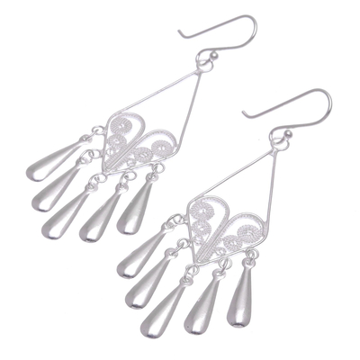 Sterling silver filigree dangle earrings, 'Diamond Fountains' - Handmade Sterling Silver Filigree Dangle Earrings