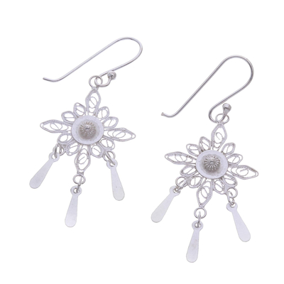 Sterling silver filigree chandelier earrings, 'Coiled Stars' - Star-Shaped Sterling Silver Filigree Dangle Earrings