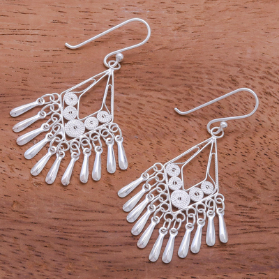 Sterling silver filigree chandelier earrings, 'Diamond Swing' - Diamond-Shaped Sterling Silver Filigree Chandelier Earrings