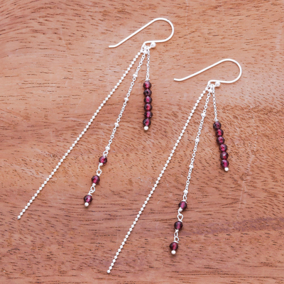 Garnet dangle earrings, 'Morning Rain' - Garnet Beaded Dangle Earrings from Thailand