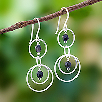 Onyx dangle earrings, 'Great Universe' - Circle Pattern Onyx Dangle Earrings from Thailand