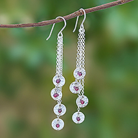 Garnet dangle earrings, 'Song of Rain' - Circle Pattern Modern Garnet Dangle Earrings from Thailand