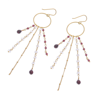 Gold plated garnet and rainbow moonstone waterfall earrings, 'Luxurious Rain' - Gold Plated Garnet and Rainbow Moonstone Waterfall Earrings