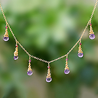 Gold Plated Amethyst and Garnet Waterfall Necklace,'Lavender Bliss'