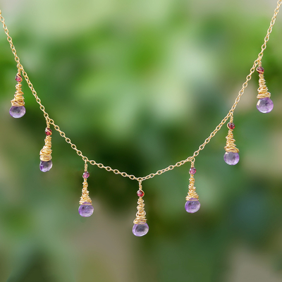 Gold plated amethyst and garnet waterfall necklace, Lavender Bliss