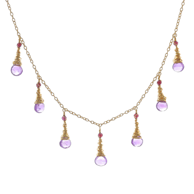 Gold plated amethyst and garnet waterfall necklace, 'Lavender Bliss' - Gold Plated Amethyst and Garnet Waterfall Necklace