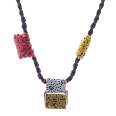 Yellow and Red Printed Cotton Pendant Necklace from Thailand