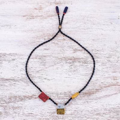 Cotton pendant necklace, 'Summer Ease' - Yellow and Red Printed Cotton Pendant Necklace from Thailand