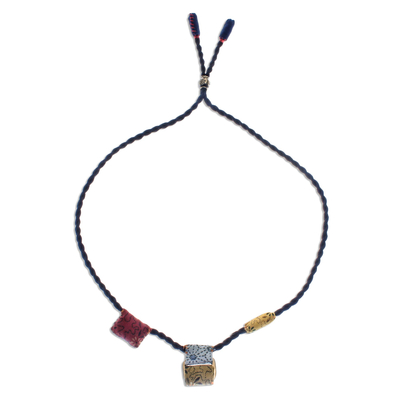 Cotton pendant necklace, 'Summer Ease' - Yellow and Red Printed Cotton Pendant Necklace from Thailand