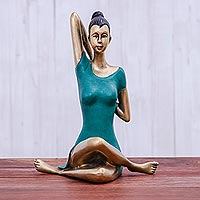 Brass sculpture, 'Cow Face Pose in Green'