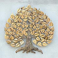 Gold foil and steel wall sculpture, 'Bodhi Tree' - Gold Foil and Steel Bodhi Tree Wall Sculpture from Thailand