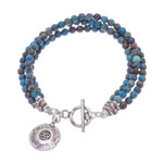 Jasper beaded charm bracelet, 'Three Graces' - Om Symbol Beaded Bracelet with Blue and Brown Jasper
