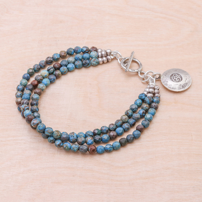 Jasper beaded charm bracelet, 'Tiny Globes' - Om Symbol Beaded Bracelet with Blue and Brown Jasper