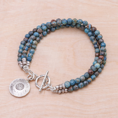 Om Symbol Beaded Bracelet with Blue and Brown Jasper - Tiny Globes | NOVICA