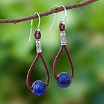 Lapis Lazuli and Karen Silver Dangle Earrings with Leather, 'Spring Passion'