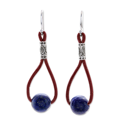 Lapis Lazuli and Karen Silver Dangle Earrings with Leather