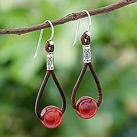 Carnelian dangle earrings, 'Spring Passion' - Carnelian and Karen Silver Dangle Earrings with Leather