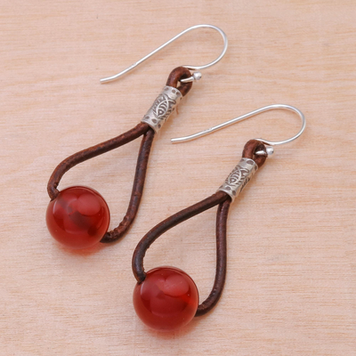 Carnelian dangle earrings, 'Spring Passion' - Carnelian and Karen Silver Dangle Earrings with Leather