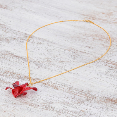 Gold accented natural orchid pendant necklace, 'Starry Flower' - Gold Accented Red-Purple Natural Orchid Pendant Necklace