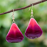 Natural flower dangle earrings, 'Petal Rain' - Natural Orchid Flower Dangle Earrings in Magenta
