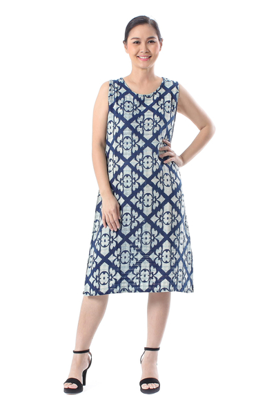 Printed Cotton Sleeveless Shift in Navy and Off-White