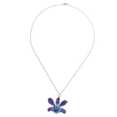 Gold Accented Blue-Purple Natural Orchid Pendant Necklace