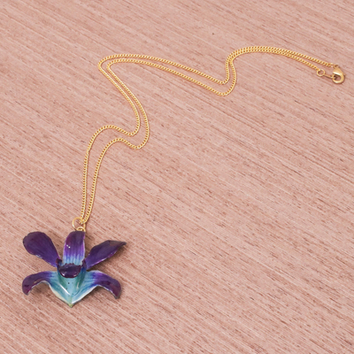 Gold accented natural flower pendant necklace, 'Starry Flower in Blue-Purple' - Gold Accented Blue-Purple Natural Orchid Pendant Necklace