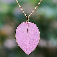 Gold accented natural flower pendant necklace, 'Bougainvillea Love in Pink'