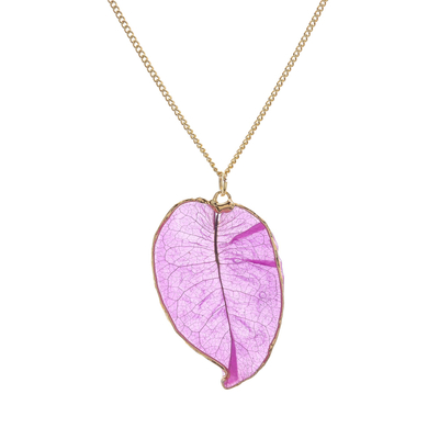 Gold accented natural flower pendant necklace, 'Bougainvillea Love in Purple' - Gold Accented Natural Flower Pendant Necklace in Purple