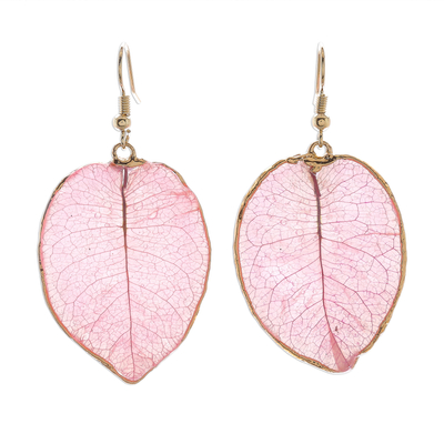 Gold accented natural flower dangle earrings, 'Bougainvillea Love in Pink' - Gold Accented Natural Flower Dangle Earrings in Pink