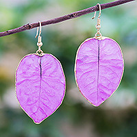 Aretes colgantes de flores naturales con detalles dorados - Aretes colgantes de flor natural con detalles dorados en morado