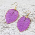 Gold accented natural flower dangle earrings, 'Bougainvillea Love in Purple' - Gold Accented Natural Flower Dangle Earrings in Purple