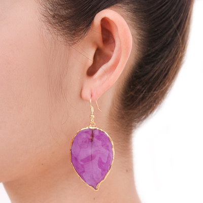 Gold accented natural flower dangle earrings, 'Bougainvillea Love in Purple' - Gold Accented Natural Flower Dangle Earrings in Purple