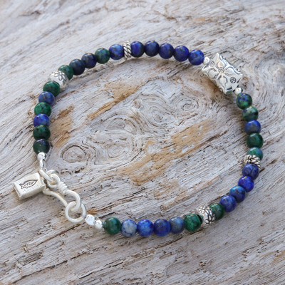 Azure-malachite beaded bracelet, 'Ocean Garden' - Azure-Malachite and Karen Silver Beaded Bracelet