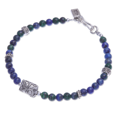 Azure-malachite beaded bracelet, 'Ocean Garden' - Azure-Malachite and Karen Silver Beaded Bracelet