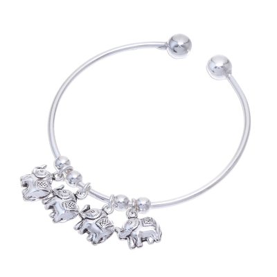 Sterling silver charm cuff bracelet, 'Four Elephants' - Sterling Silver Bracelet with Four Elephant Charms