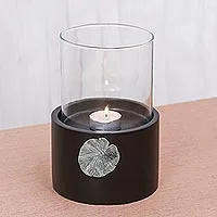 Wood and pewter tealight holder, 'Elegant Lotus' - Lotus Motif Wood and Pewter Tealight Holder