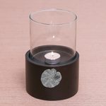 Wood and pewter tealight holder, 'Elegant Lotus' - Lotus Motif Wood and Pewter Tealight Holder