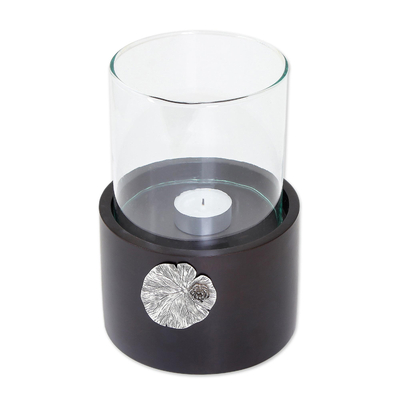 Wood and pewter tealight holder, 'Elegant Lotus' - Lotus Motif Wood and Pewter Tealight Holder