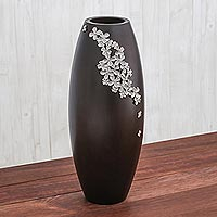 Mango wood and pewter decorative vase, 'Thai Jasmine' - Lacquered Mango Wood Decorative Vase with Pewter Flowers