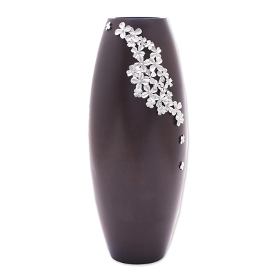Lacquered Mango Wood Decorative Vase with Pewter Flowers