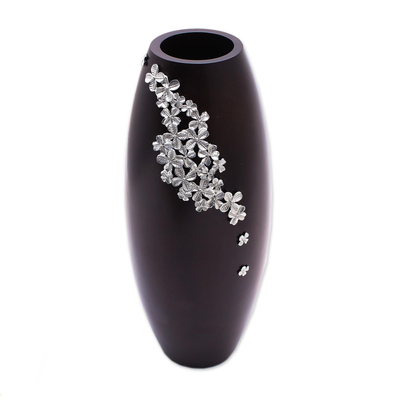 Mango wood and pewter decorative vase, 'Thai Jasmine' - Lacquered Mango Wood Decorative Vase with Pewter Flowers